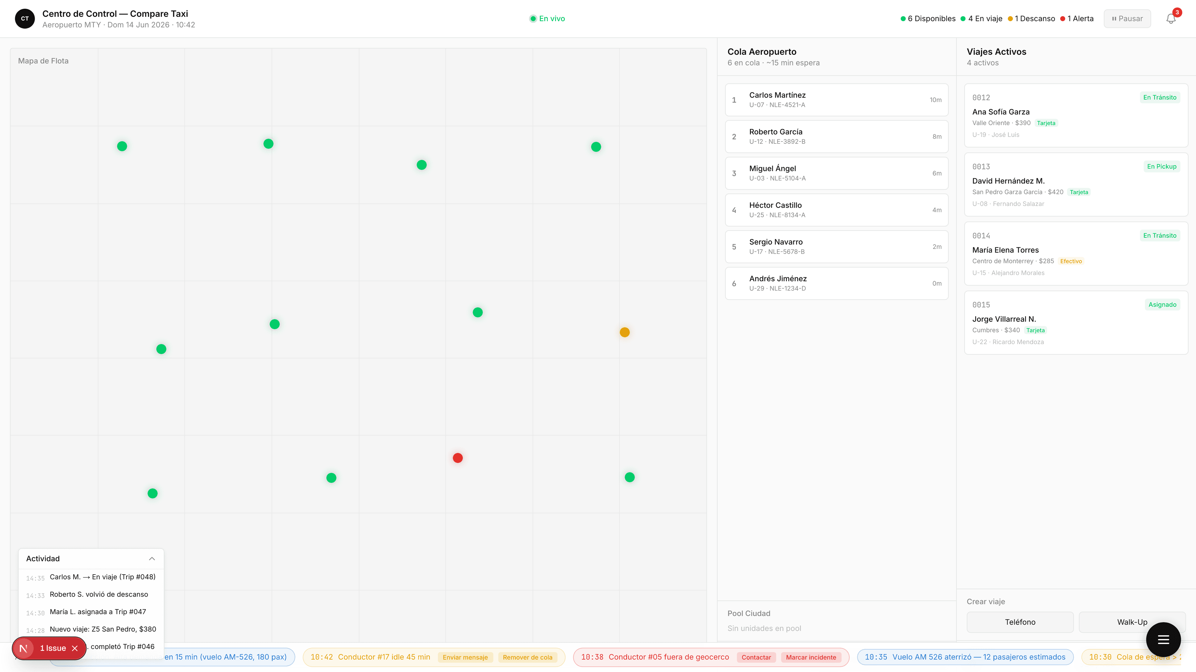 Panel de despacho MexMob — mapa en tiempo real con flota de taxis y cola de espera